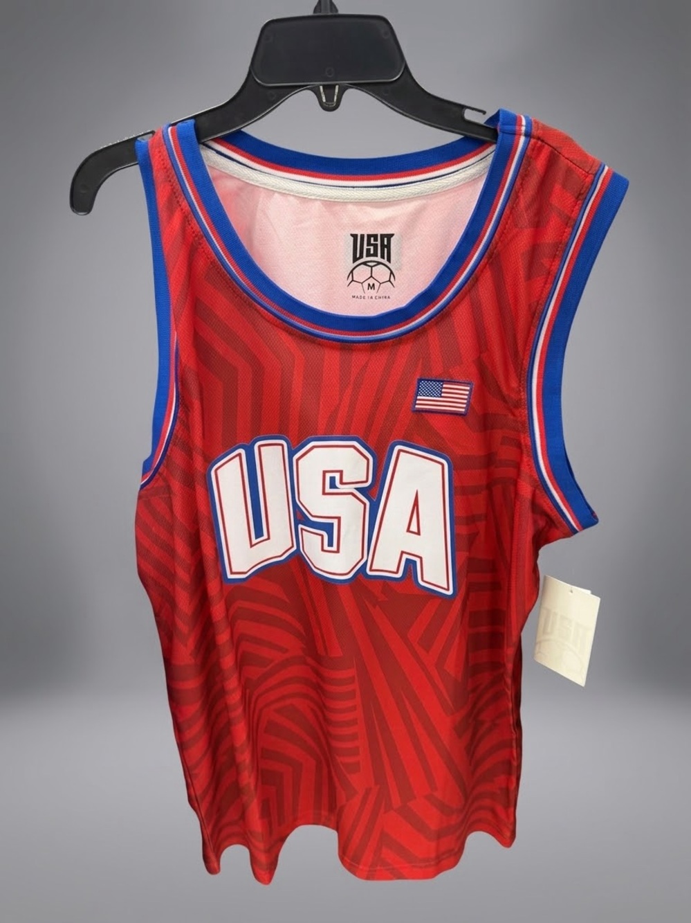 USA National team basketball Red Sleeveless Athletic Tank Top with Blue Trim